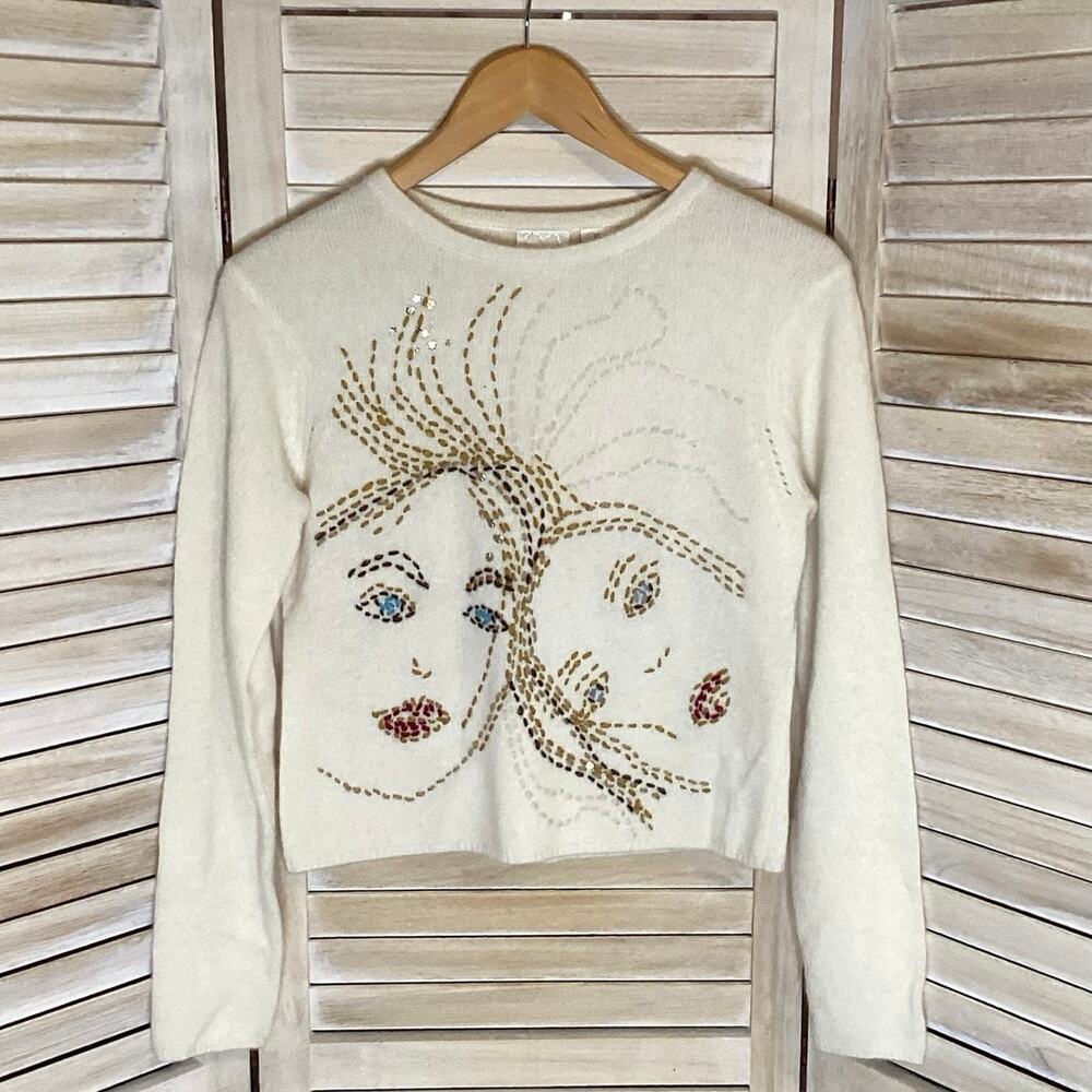 Vintage Cream Embroidered Faces Cropped Sweater Ivory Hong Kong S